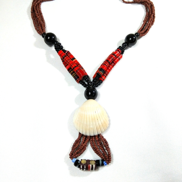Beaded Shell Necklace Islander Style Luau Beach Party Statement Necklace - Picture 1 of 8